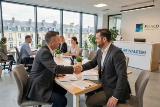 Vue d'ensemble d'un cabinet de recrutement moderne dans l'Oise avec des professionnels en réunion et des candidats en entretien