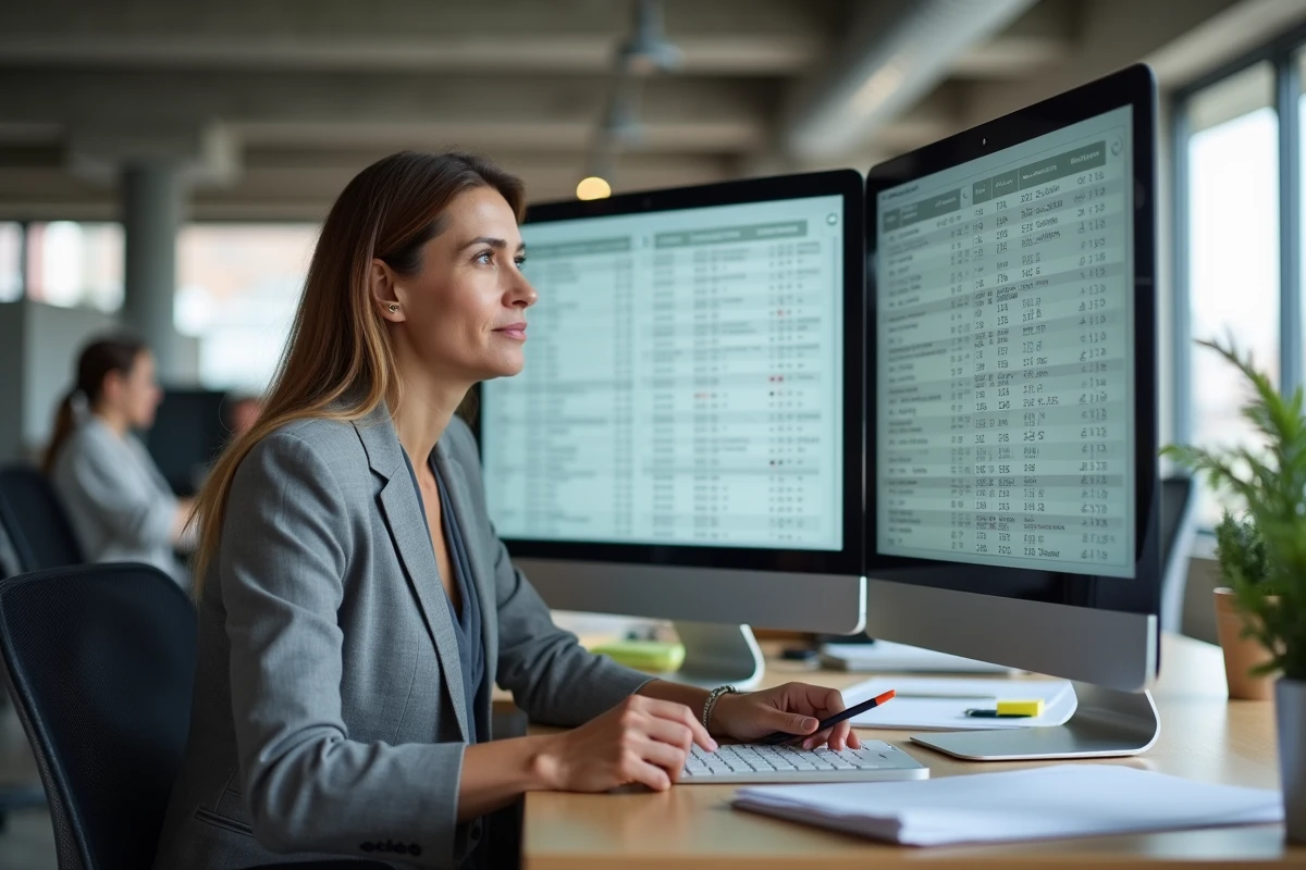Métreur utilisant un logiciel d'estimation comme Ebatpro pour calculer les quantités et les marges sur un chantier de construction