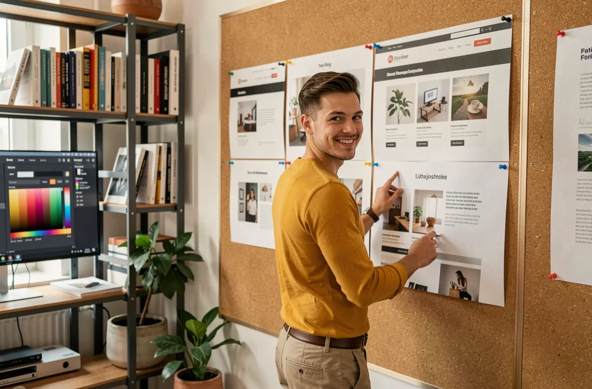 Designer graphique de l'agence Millian présentant une maquette de site web imprimée en grand format