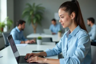 Femme professionnelle mettant à jour ses coordonnées sur un logiciel RH en ligne depuis son bureau en open space