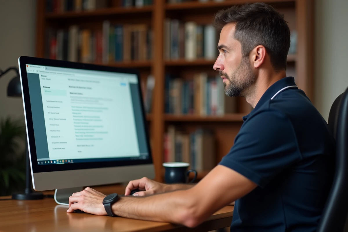 Homme en télétravail mettant à jour ses informations personnelles sur une plateforme RH depuis son bureau à domicile