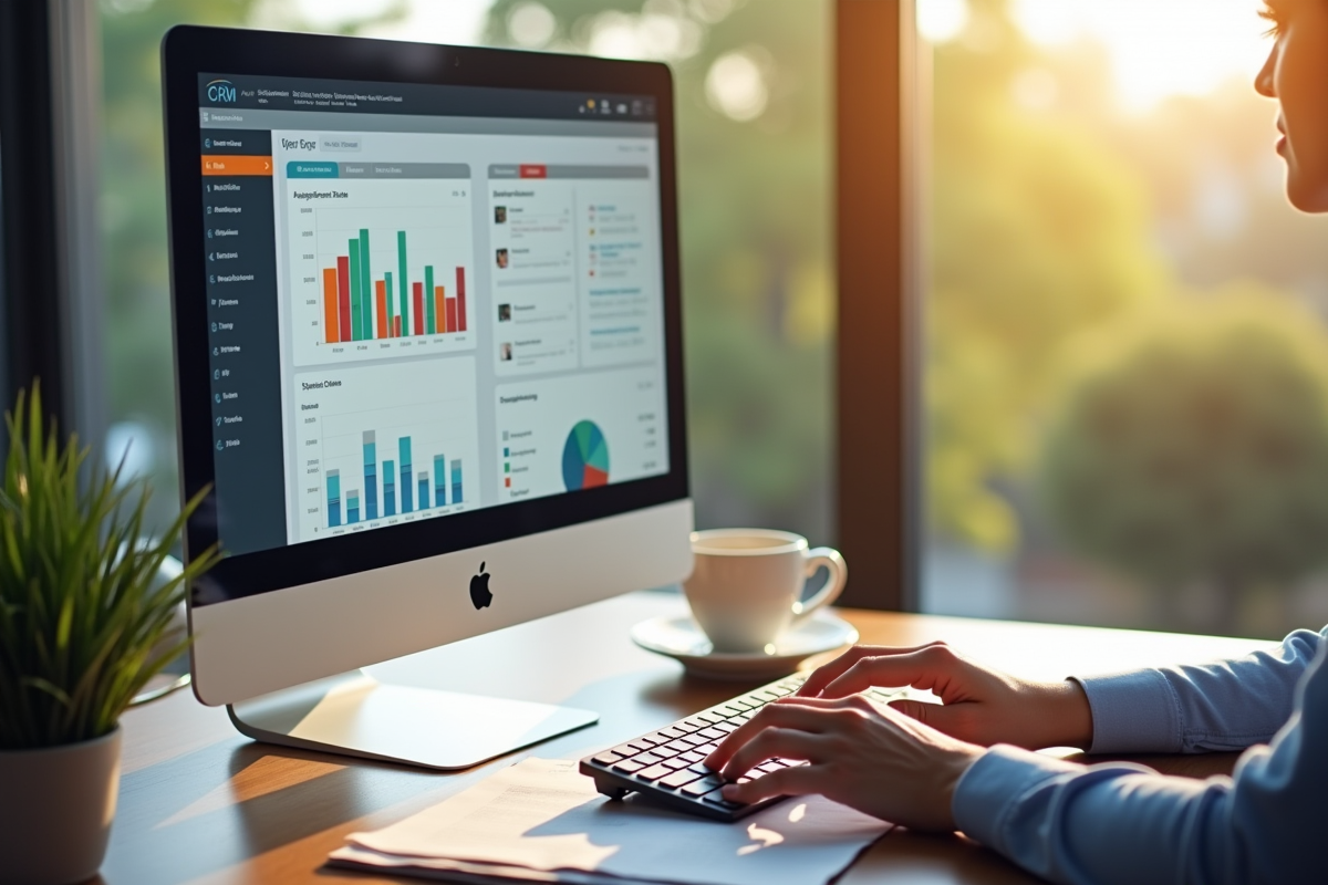 Moniteur affichant un CRM avec graphiques et contacts