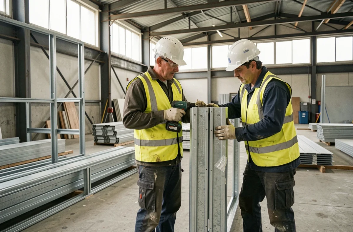 Ouvriers assemblant des cloisons modulaires préfabriquées lors de la construction d'une salle de réunion temporaire dans un bâtiment commercial