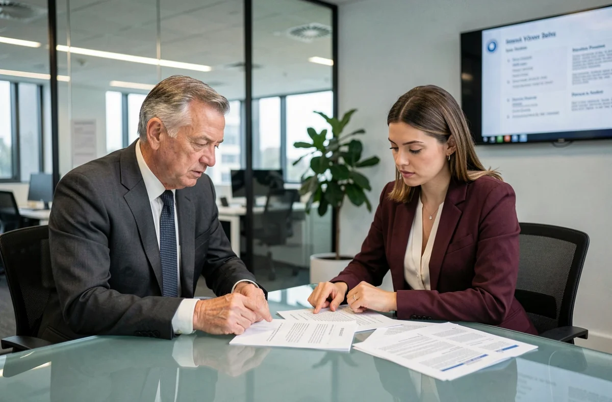 Deux professionnels examinant ensemble les clauses d'un contrat de portage salarial lors d'une réunion d'affaires