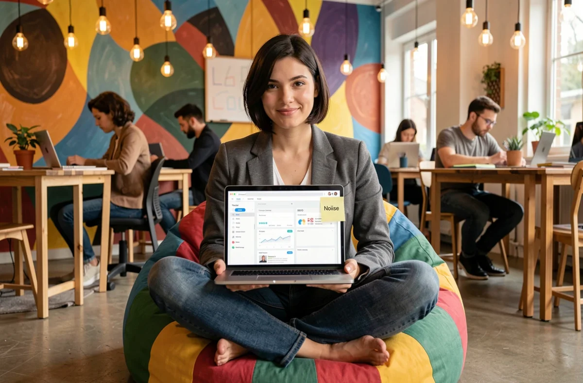 Consultante de l'agence Noiise travaillant sur une stratégie SEO et de contenu dans un espace de coworking créatif et coloré