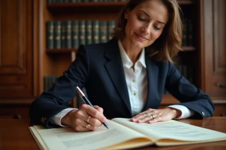 Notaire examinant des documents officiels avec le logo des notaires visible sur le papier à en-tête dans un bureau traditionnel