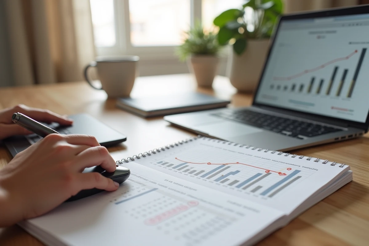 Mains d'une professionnelle prenant des notes SEO devant un graphique de montée en trafic organique sur six mois