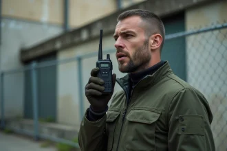 Opérateur terrain utilisant une radio tactique sécurisée Tacticom en environnement urbain industriel