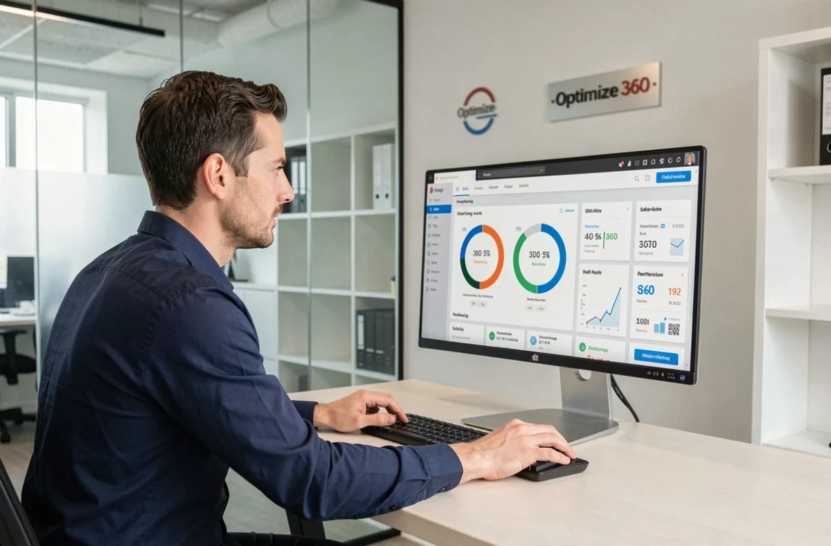 Consultant SEO d'Optimize 360 analysant un rapport d'audit complet sur un écran dans un bureau moderne et épuré