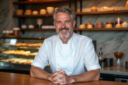 Chef pâtissier français devant ses créations élégantes