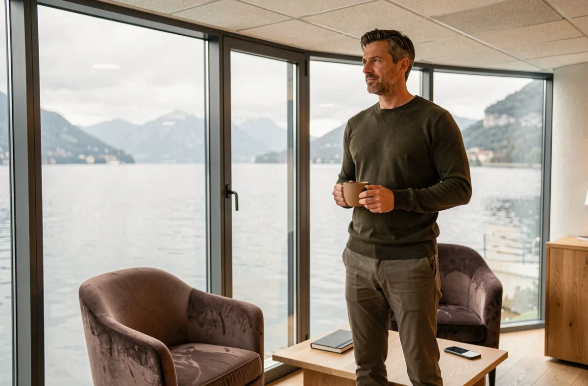 Homme en pause café dans un espace de coworking avec vue sur le lac du Bourget à Aix-les-Bains
