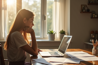 Personne réfléchissant à une planification dans la cuisine lumineuse