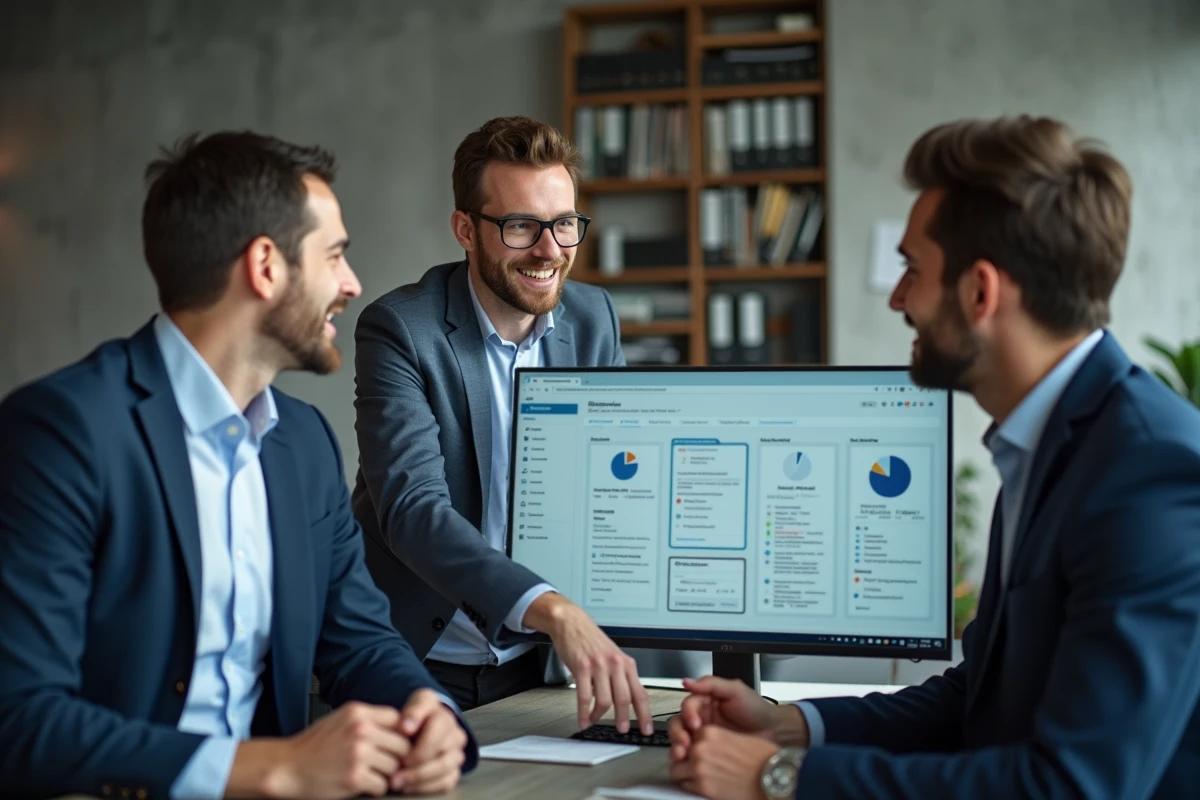 Petite équipe de professionnels collaborant autour d'un écran affichant un outil de gestion de tâches dans un espace de coworking moderne