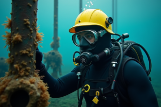 Plongeur professionnel en combinaison sous-marine inspectant une structure