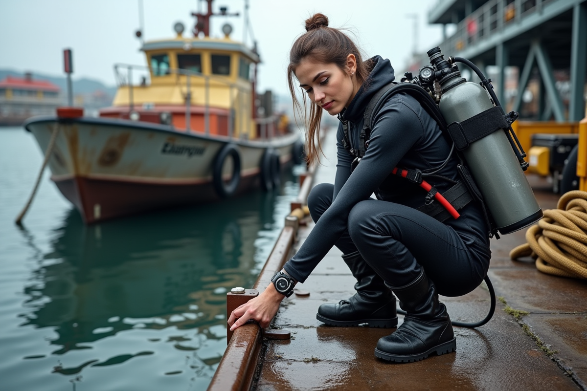 Femme plongeuse vérifiant son équipement sur le quai industriel
