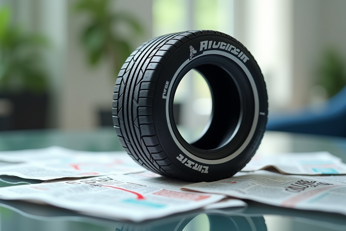 Pneu Michelin sur une table avec journaux et flèches rouges