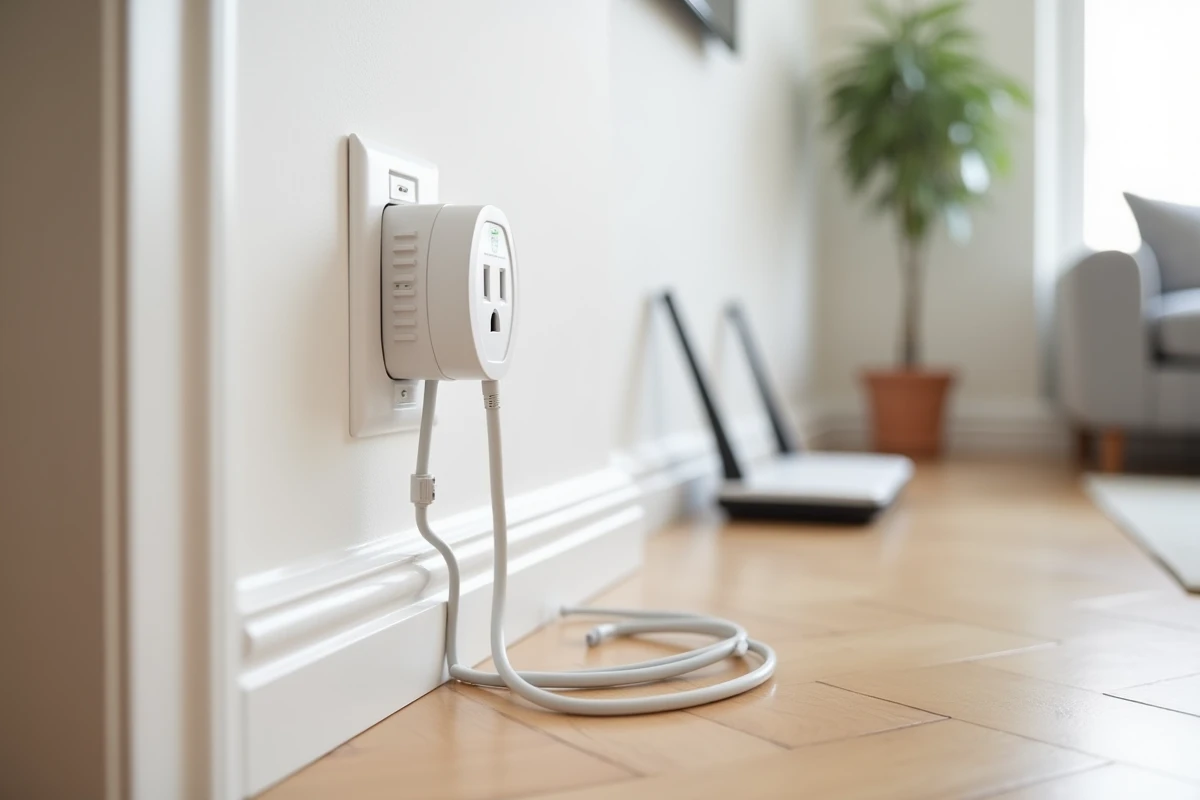 Prise fibre optique installée sur un mur avec câble et routeur Wi-Fi dans un appartement français