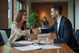 Deux professionnels d'affaires se serrant la main dans un bureau moderne