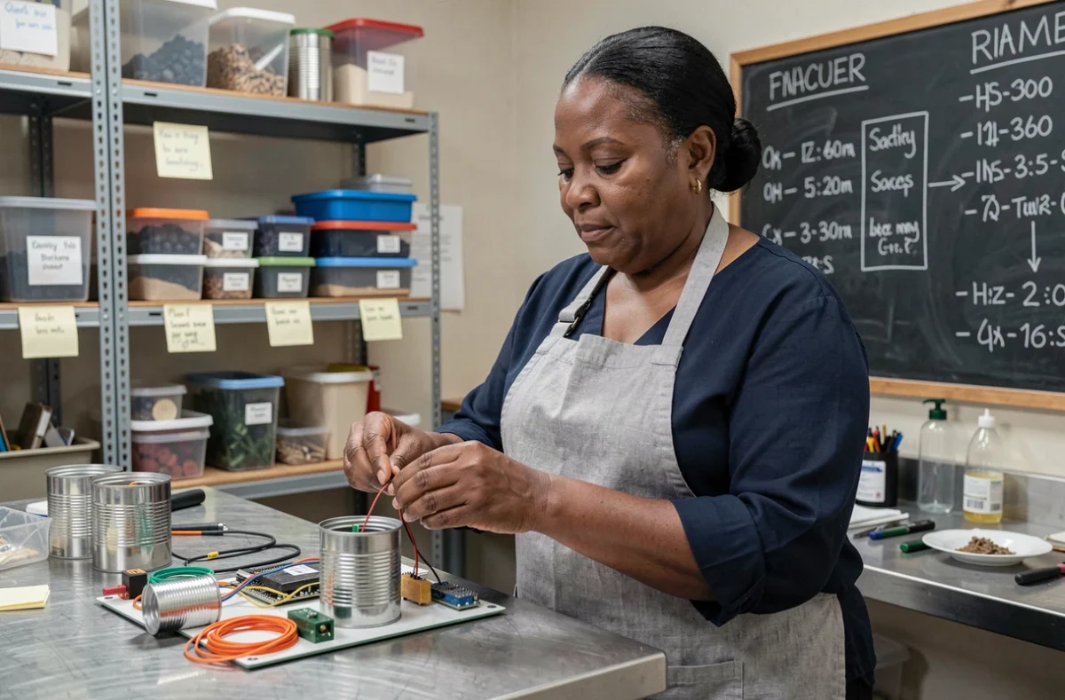 Femme entrepreneur assemblant un prototype frugal dans un laboratoire communautaire de fortune