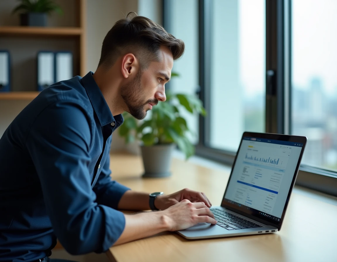 Homme d'affaires utilisant des raccourcis clavier sur un intranet d'entreprise depuis un bureau debout minimaliste