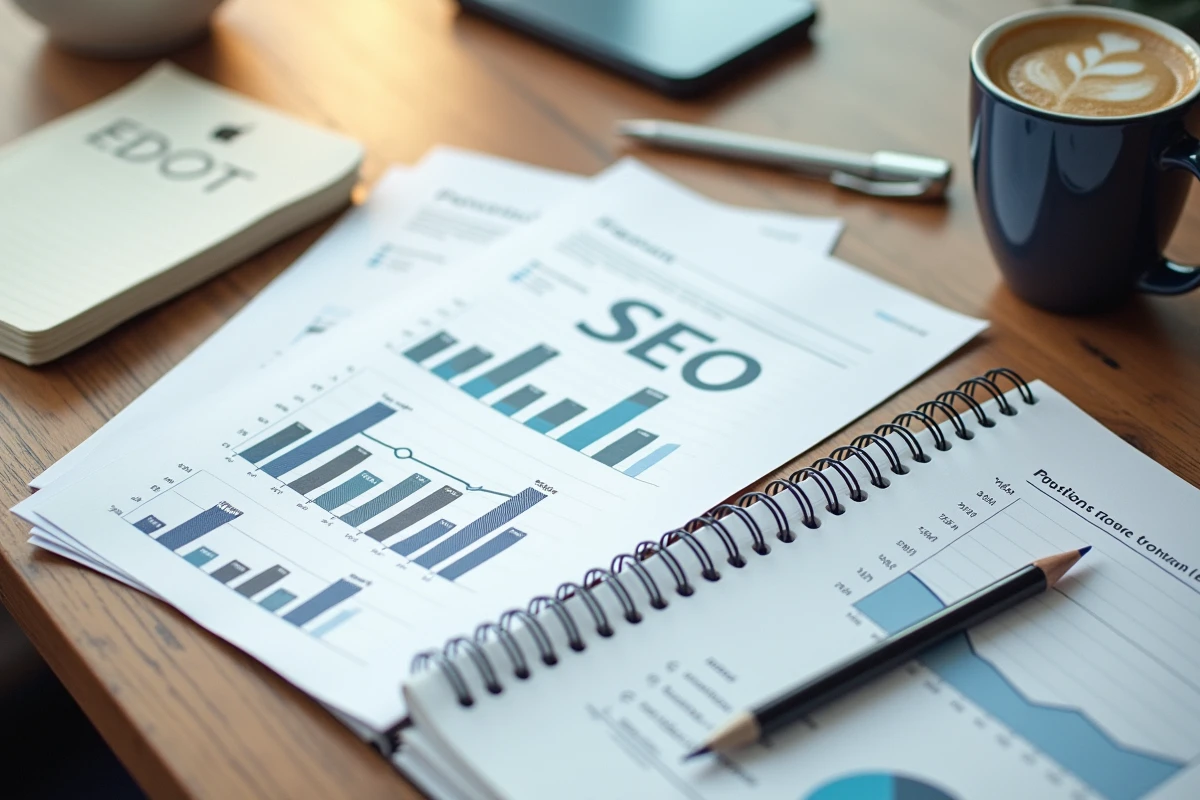 Vue aérienne d'un bureau avec rapports SEO imprimés, graphiques de trafic organique et notes manuscrites sur 12 mois