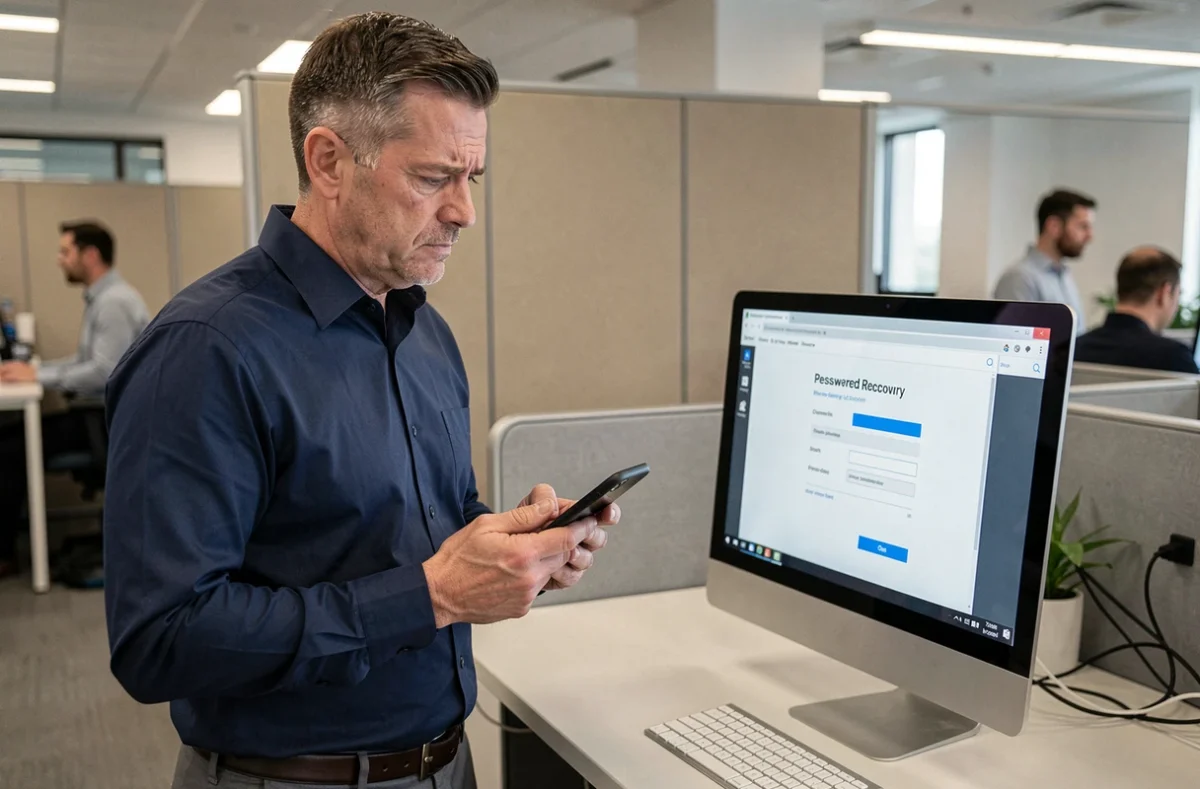 Homme en chemise bleue consultant son smartphone et un formulaire de réactivation de compte sur son ordinateur de bureau dans un environnement de bureau professionnel