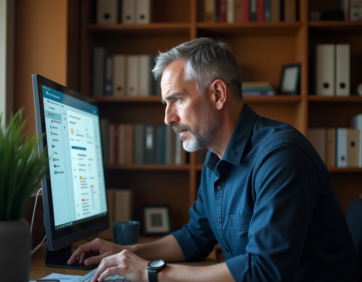 Homme en télétravail recherchant d'anciens documents sur un logiciel de paie migré vers mySilae