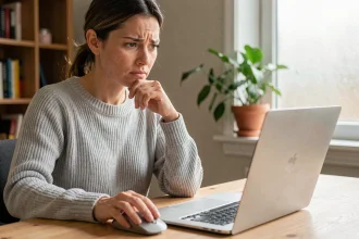 Femme en pull gris concentrée devant son ordinateur portable, tentant de récupérer son identifiant de compte en ligne depuis son bureau à domicile