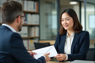 Une femme en blazer marine remet une lettre de démission en main propre à son responsable dans un bureau moderne