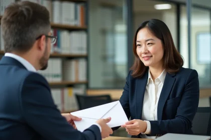 Une femme en blazer marine remet une lettre de démission en main propre à son responsable dans un bureau moderne