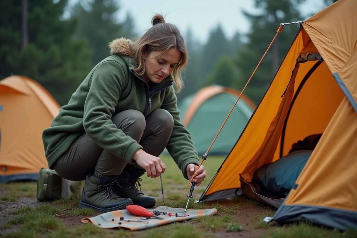 Femme réparant un arceau cassé d'une tente familiale 5 places en camping, erreur fréquente de montage