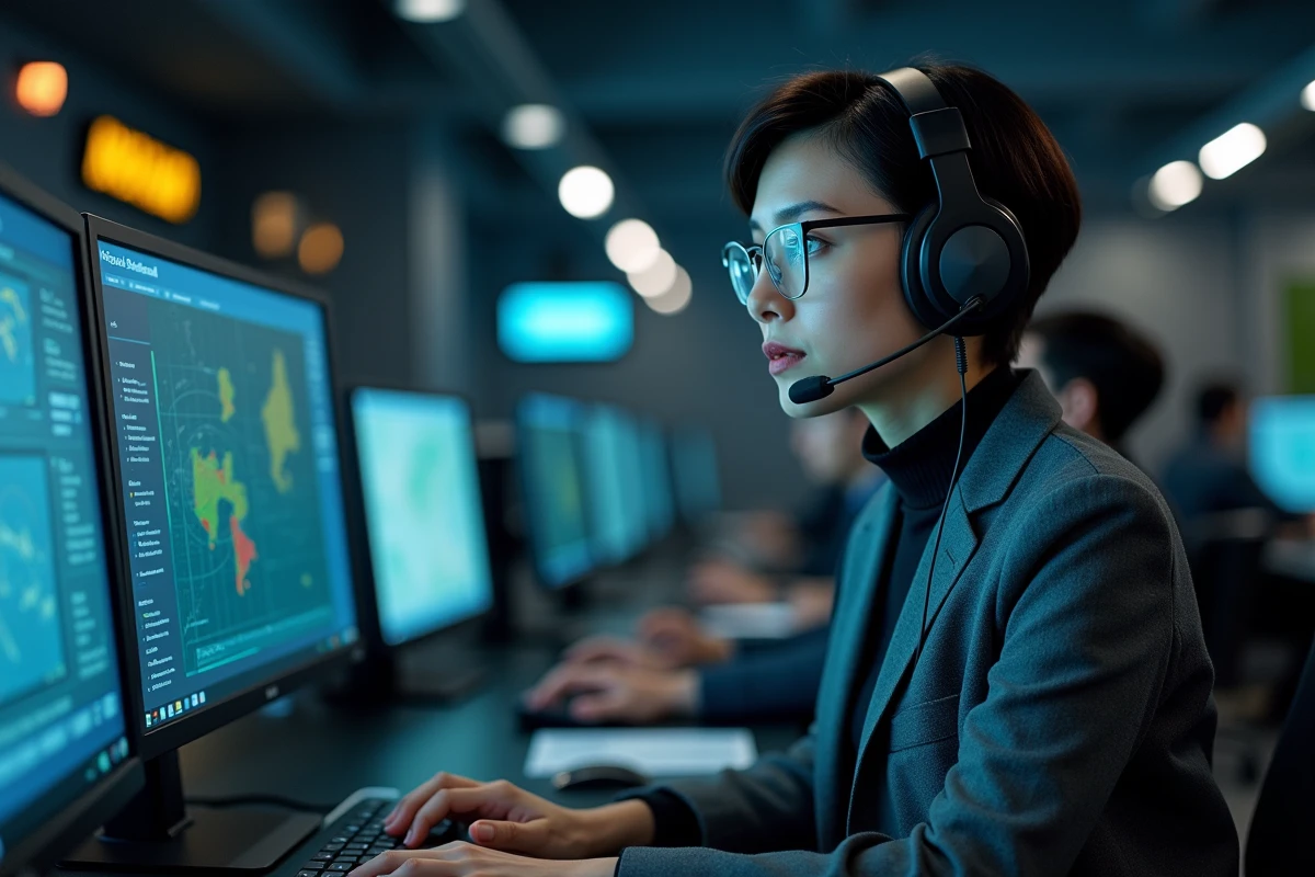 Responsable opérations supervisant les communications radio sécurisées Tacticom depuis un centre de commandement moderne