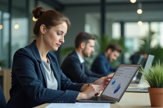 Responsable CSE consultant une plateforme de billetterie en ligne sur tablette dans un bureau moderne
