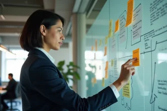 Responsable marketing devant un tableau blanc avec des profils de clients idéaux et des diagrammes de segmentation en entreprise