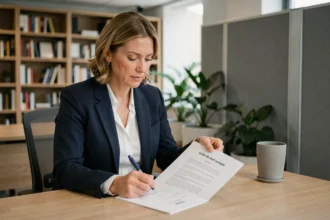 Responsable RH signant un solde de tout compte dans un bureau moderne en 2026