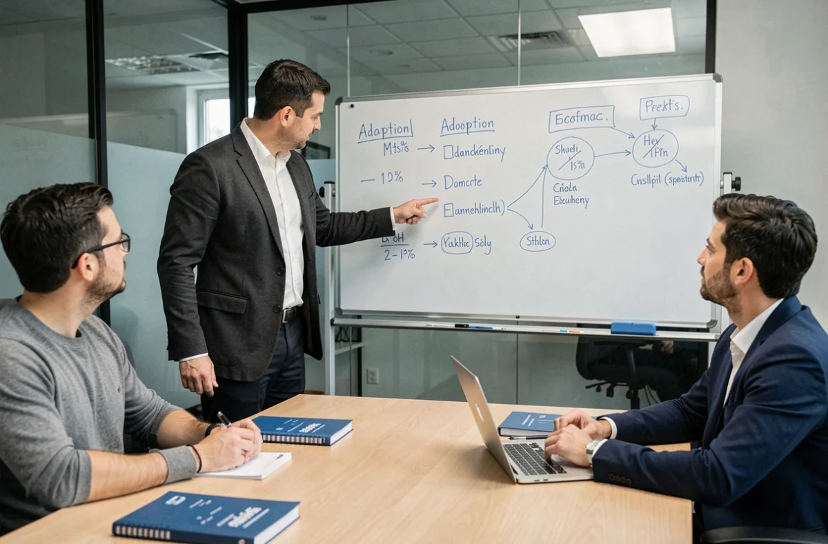 Responsable RH présentant une stratégie d'adoption d'outil digital à son équipe lors d'une réunion en entreprise