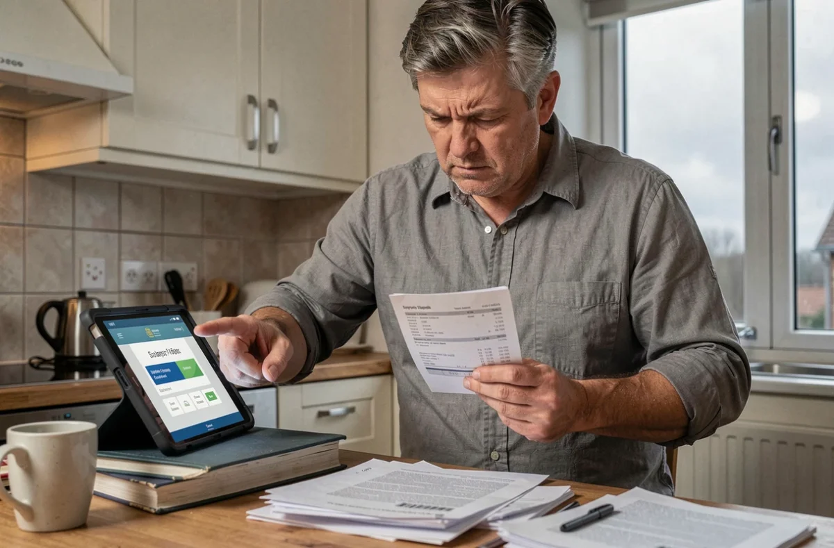 Fonctionnaire de l'éducation nationale consultant son salaire en retard sur une tablette à domicile