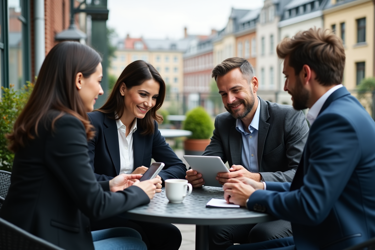 Groupe de quatre professionnels discutant dans un café en plein air