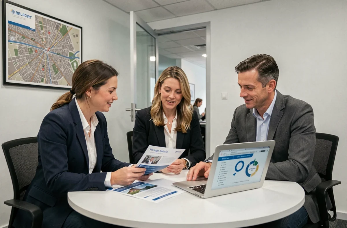 Équipe de professionnels examinant les brochures de sociétés de portage salarial lors d'une réunion à Belfort