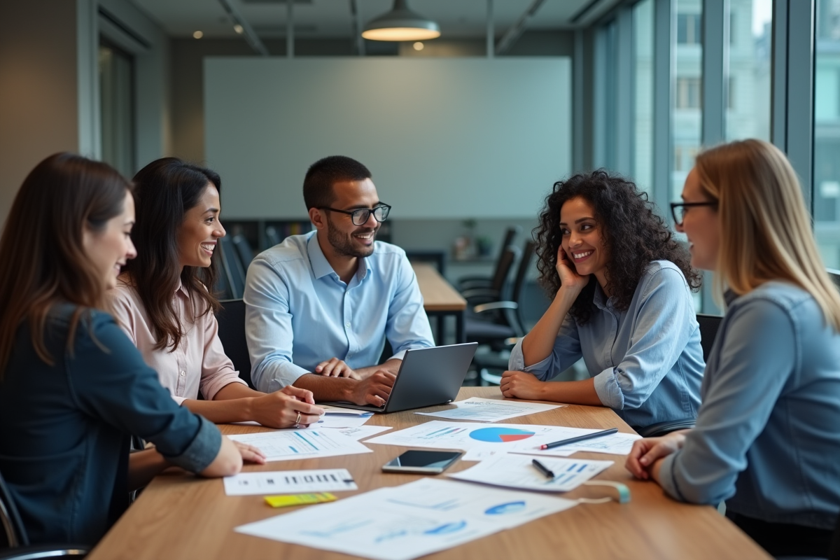 Groupe de coworkers discutant autour d une table de réunion