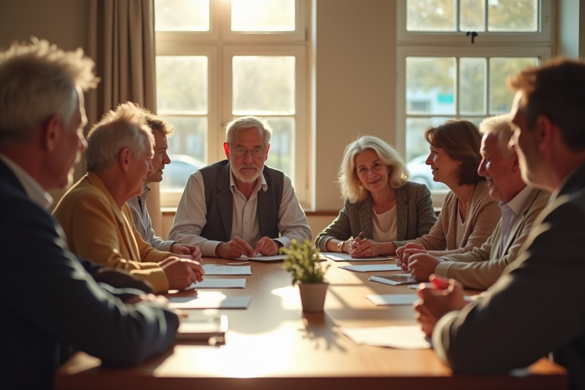 Réunion communautaire en intérieur avec discussion autour d