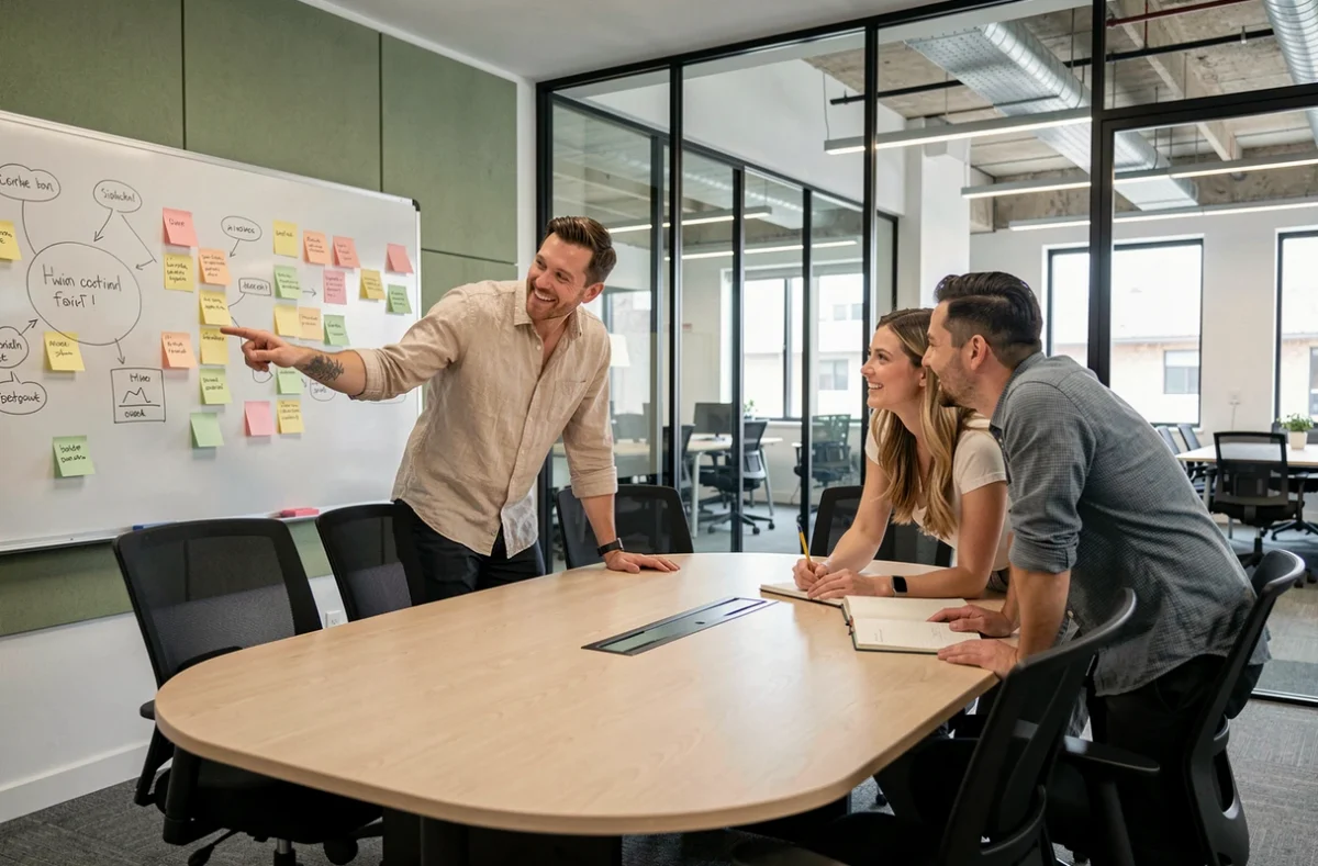 Groupe de professionnels en réunion collaborative dans une salle de coworking vitrée à Aix-les-Bains