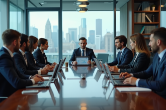 Groupe de professionnels en réunion dans une salle moderne