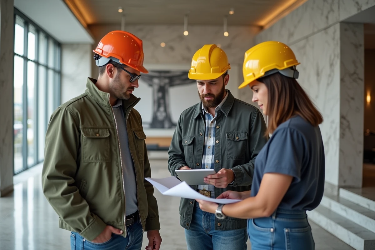 Equipe de professionnels examinant plans numériques en intérieur