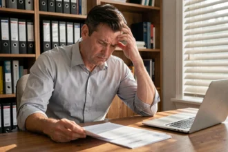 Consultant indépendant lisant attentivement un contrat de portage salarial à son bureau avec une expression préoccupée