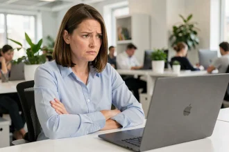 Salariée perplexe devant son logiciel RH au bureau, illustrant le manque d'adoption d'un outil de gestion RH en entreprise