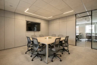 Salle de réunion modulaire démontable avec cloisons préfabriquées et table de conférence dans un bureau open-space à Lille