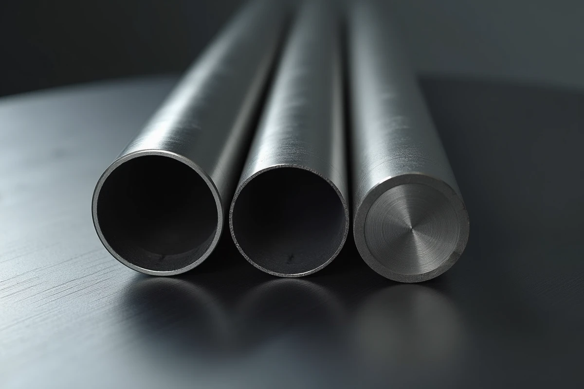 Sections transversales de tubes inox brut, brossé et poli miroir comparées sur fond gris acier en vue légèrement plongeante