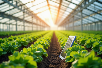 Serre moderne avec irrigation automatisée et légumes verts