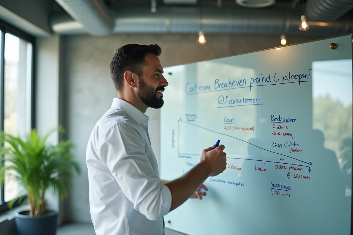 Entrepreneur expliquant le calcul du seuil de rentabilité sur un tableau blanc dans un bureau B2B moderne